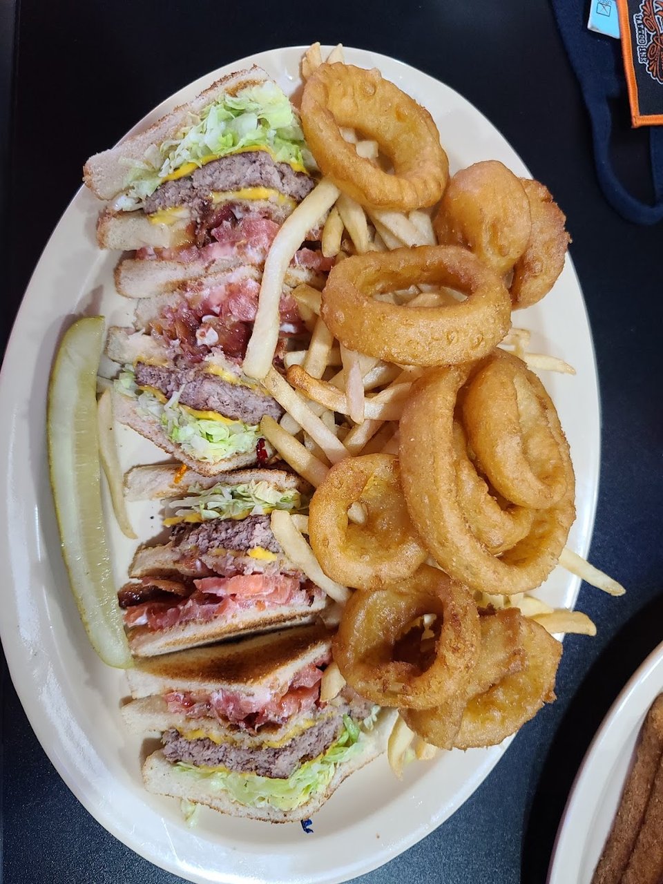 Cheeseburger Club with Fries and Onion Rings