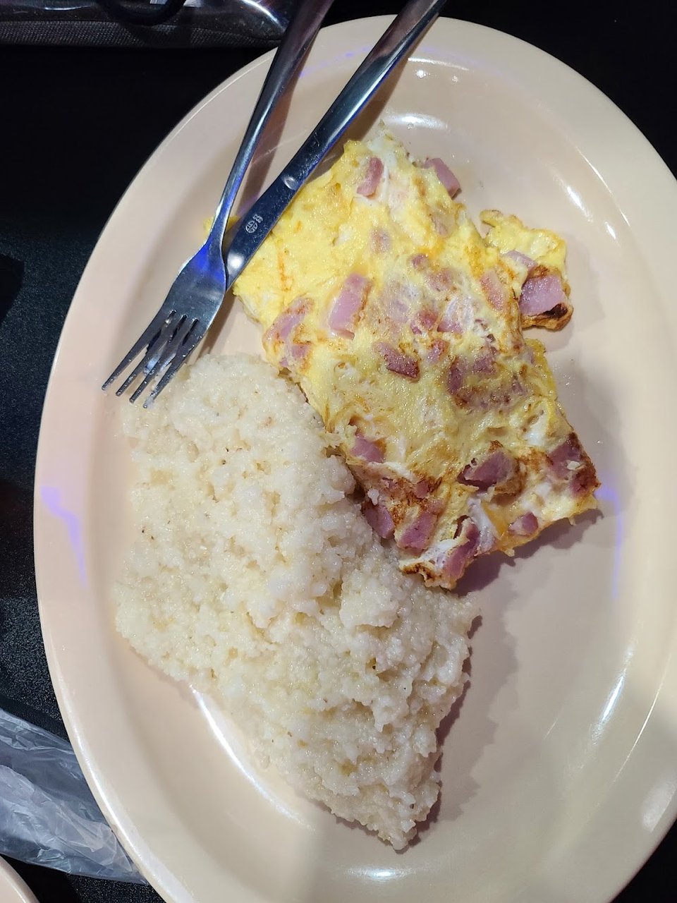 Ham and Cheese Omelette with Grits