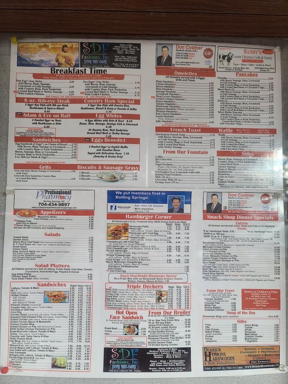 Restaurant menu showing chef salads and fried pickles.