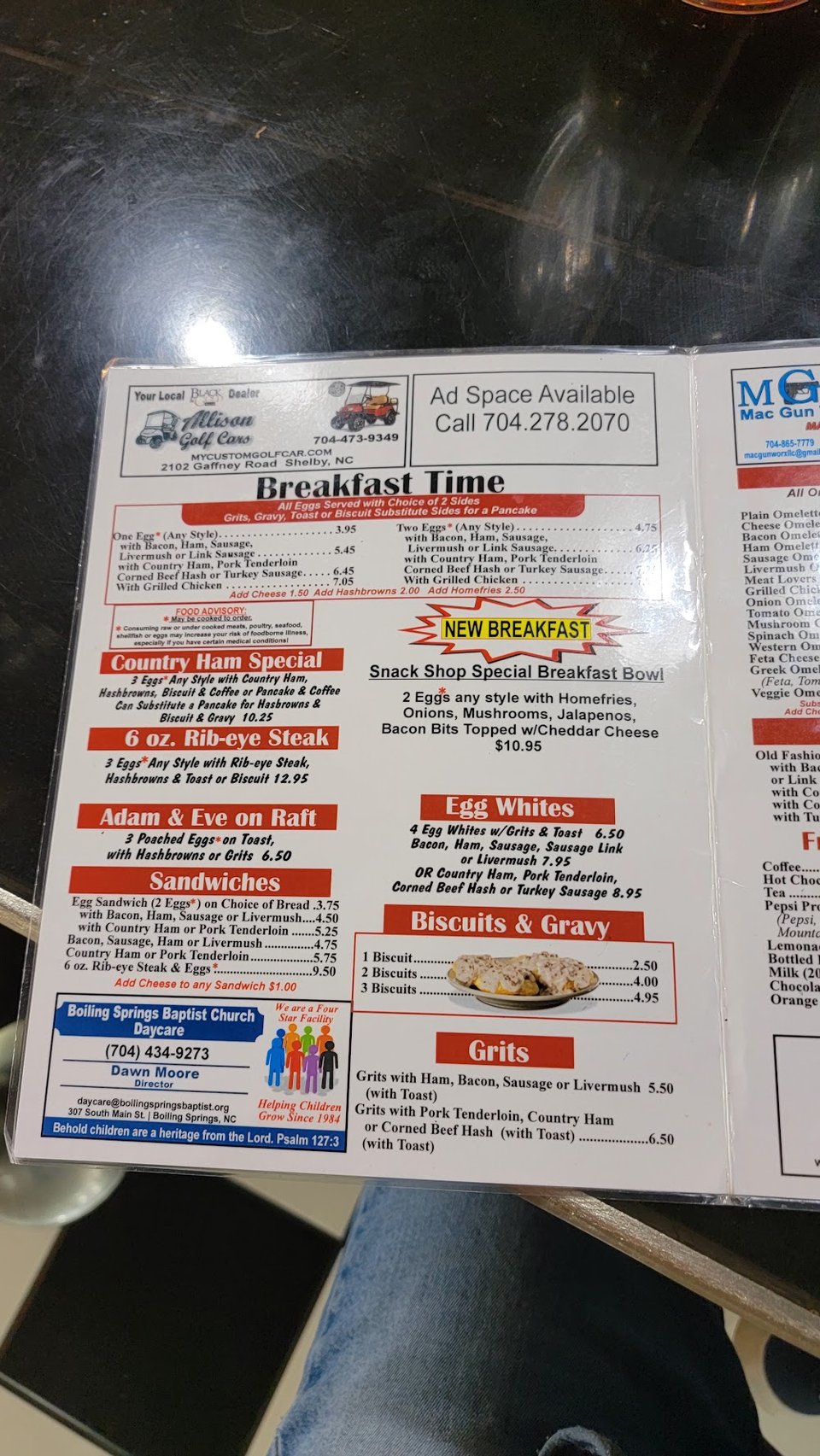 Casual menu page with salad options and snack items.